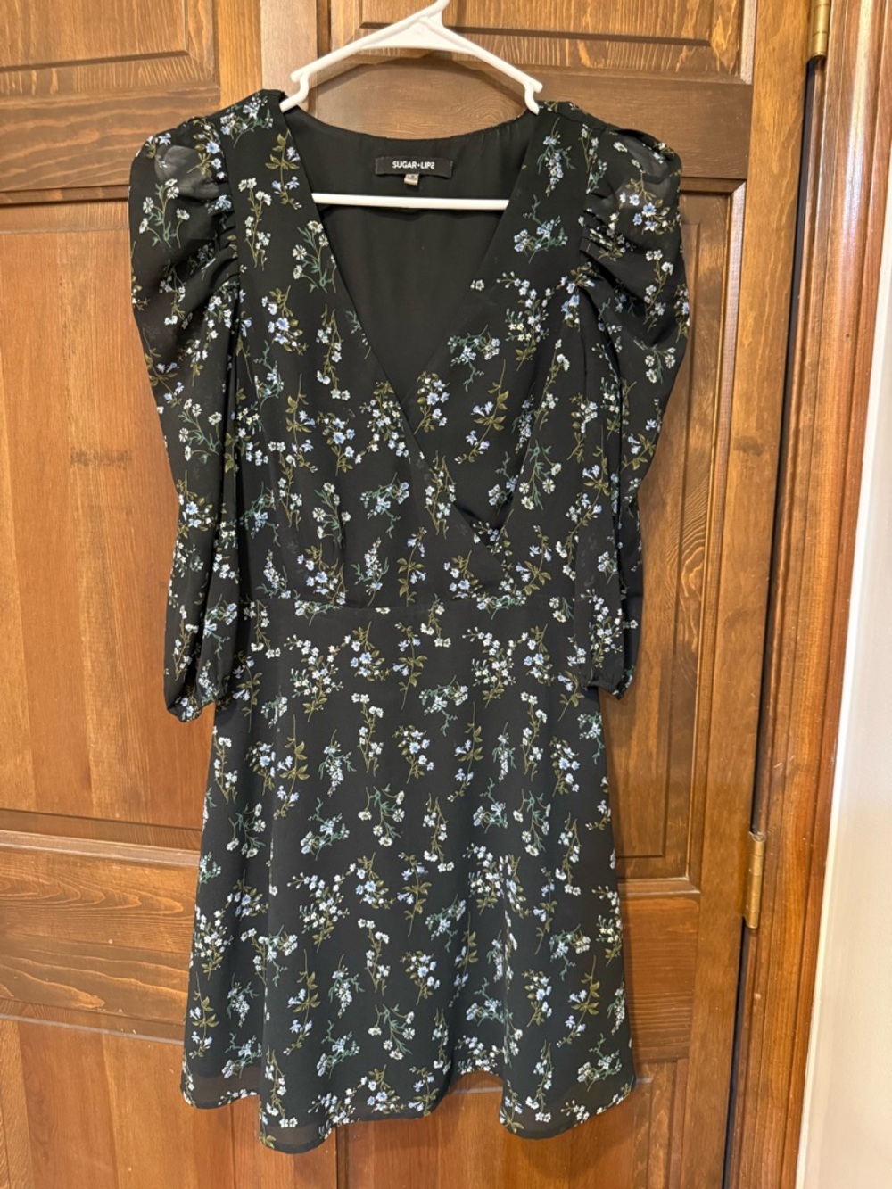 Sugarlips Black Floral V-Neck Midi Dress with Puff Sleeves